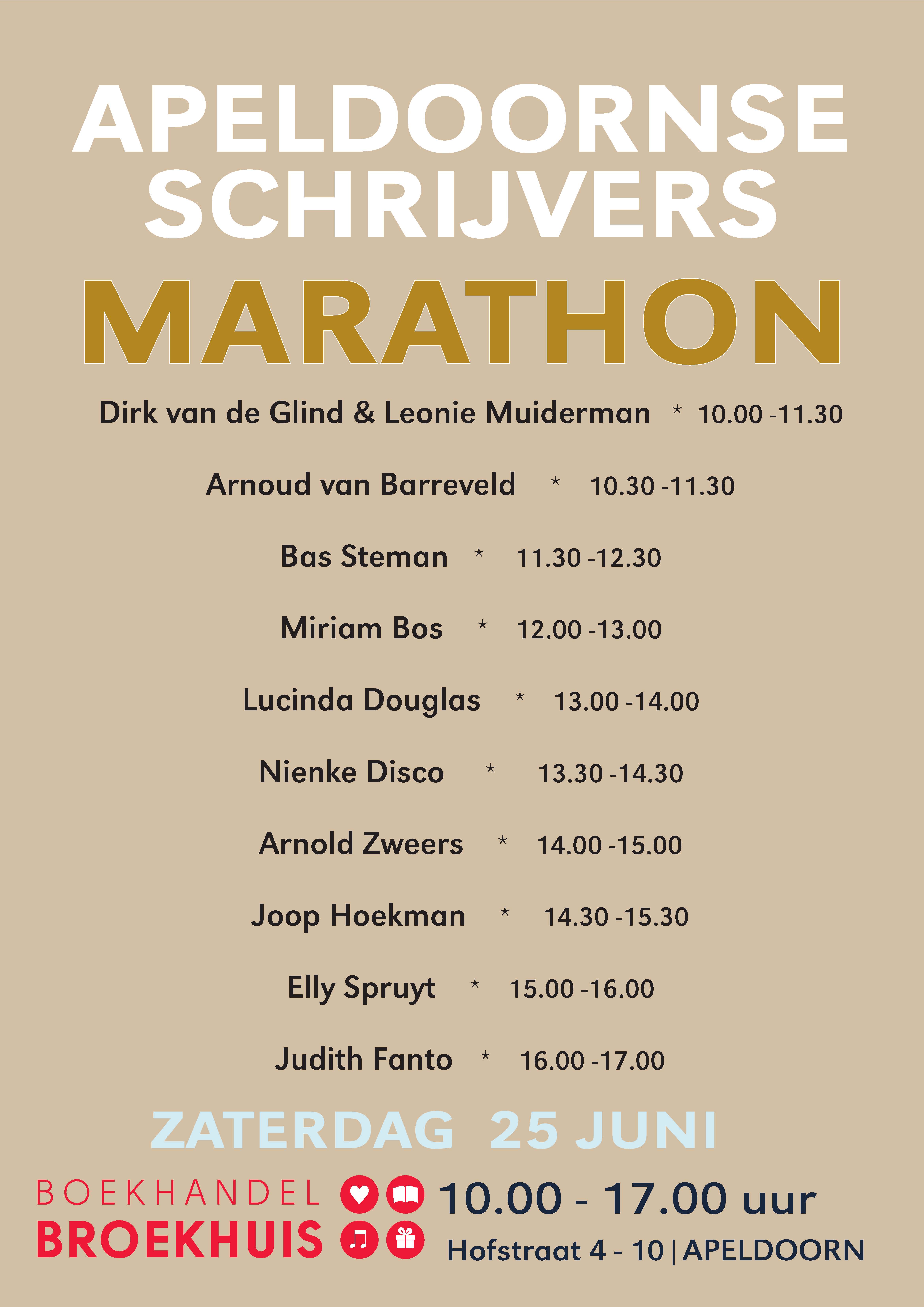 Zaterdag 25 juni Apeldoornse Schrijvers Marathon bij Broekhuis