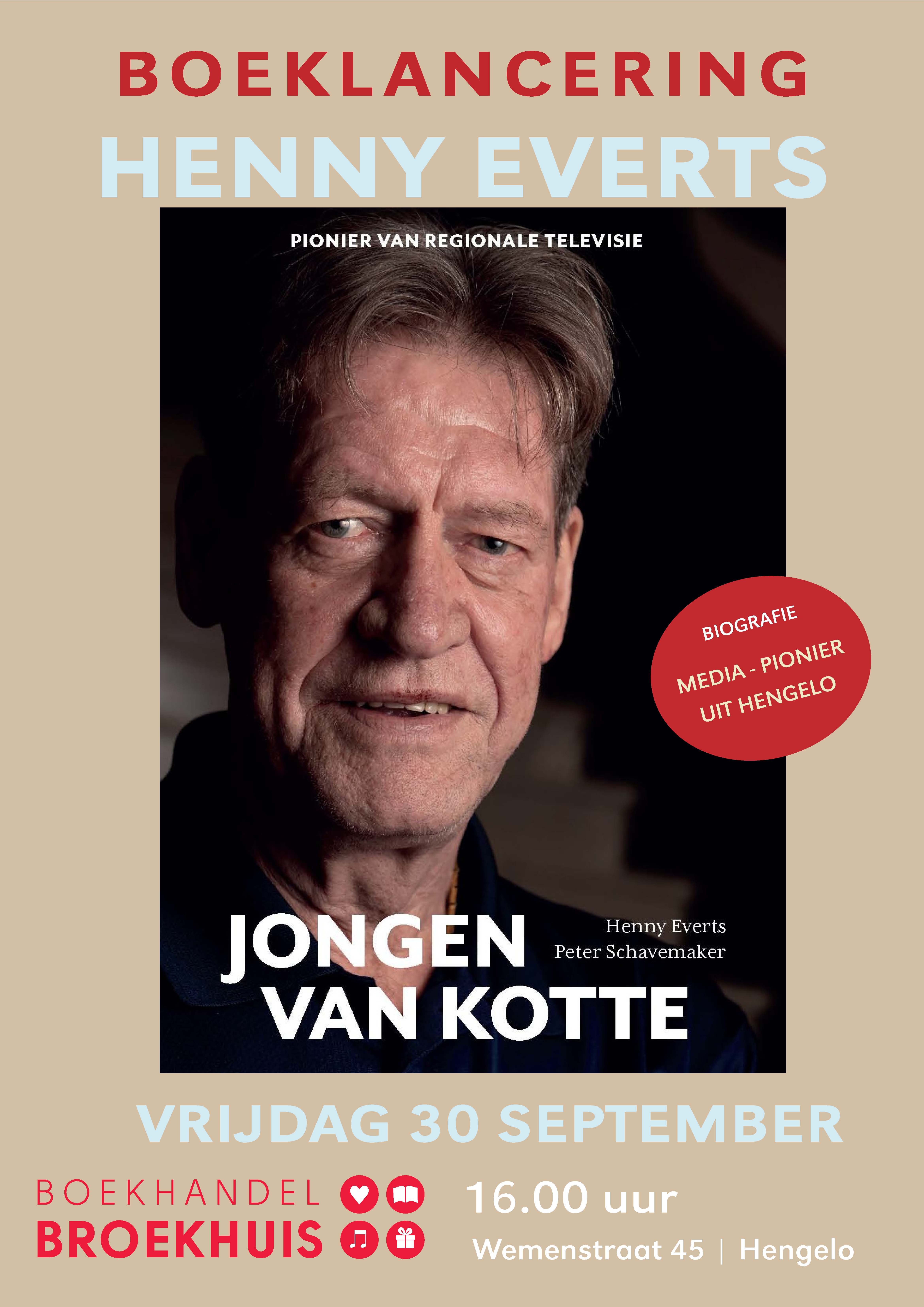 Boeklancering Henny Everts: De jongen van Kotte op 30 september bij Broekhuis Hengelo